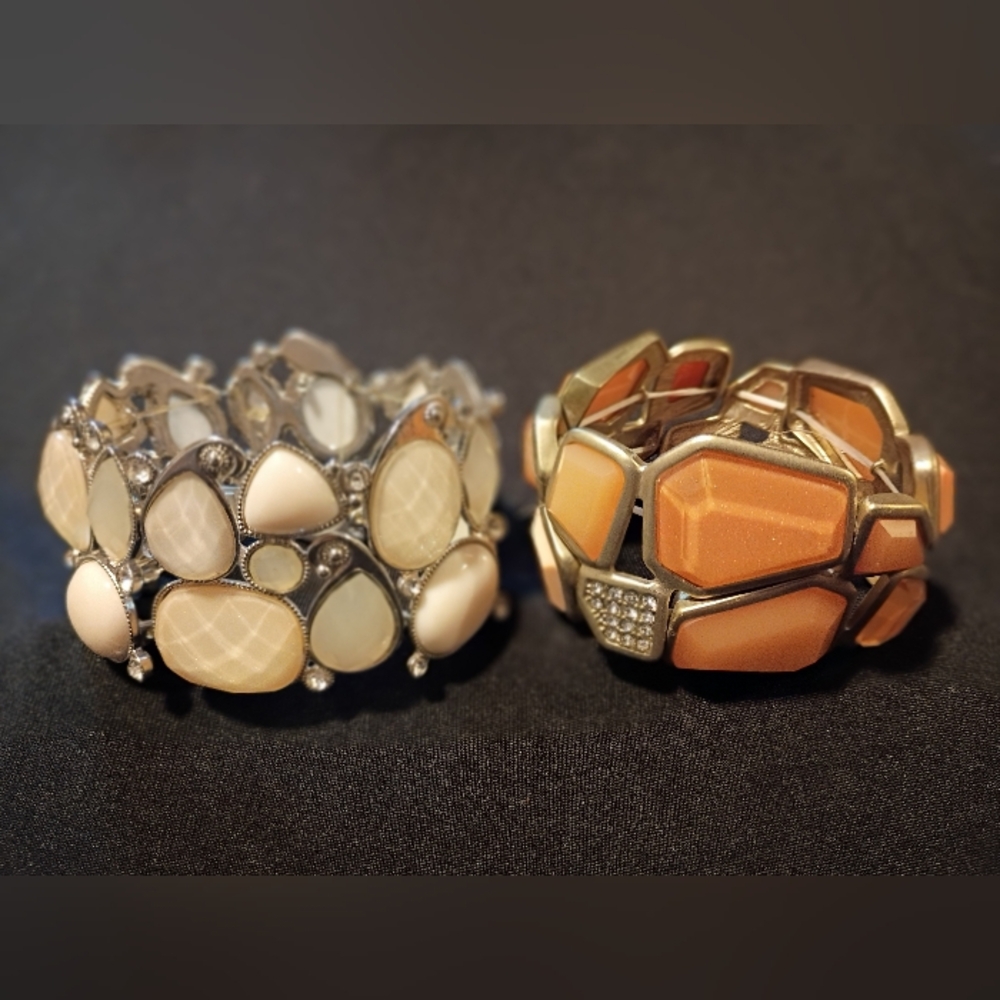 Elegant Cream and Orange Stretch Cuff Statement Bracelets